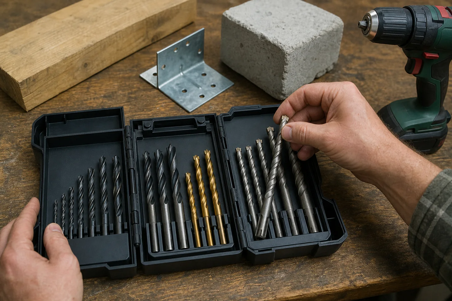 A realistic, unbranded project scene related to a drill bit set for shelves, hooks, metal, and masonry