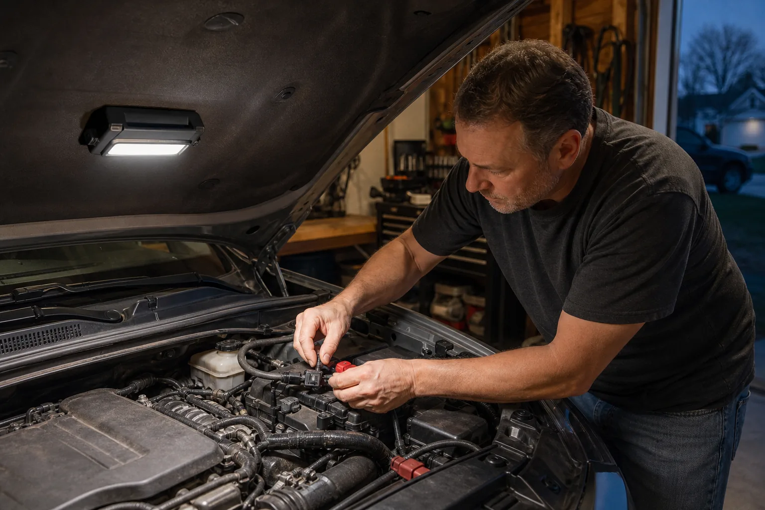 A realistic, unbranded project scene related to a rechargeable work light for under-hood and garage jobs