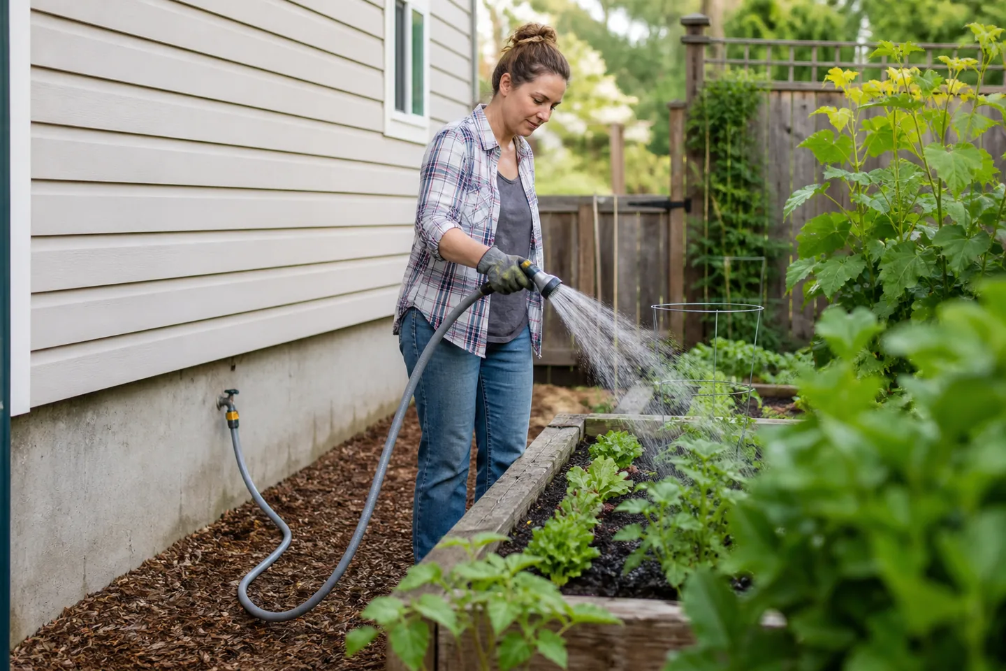 A realistic, unbranded project scene related to a garden hose setup that does not fight you every weekend
