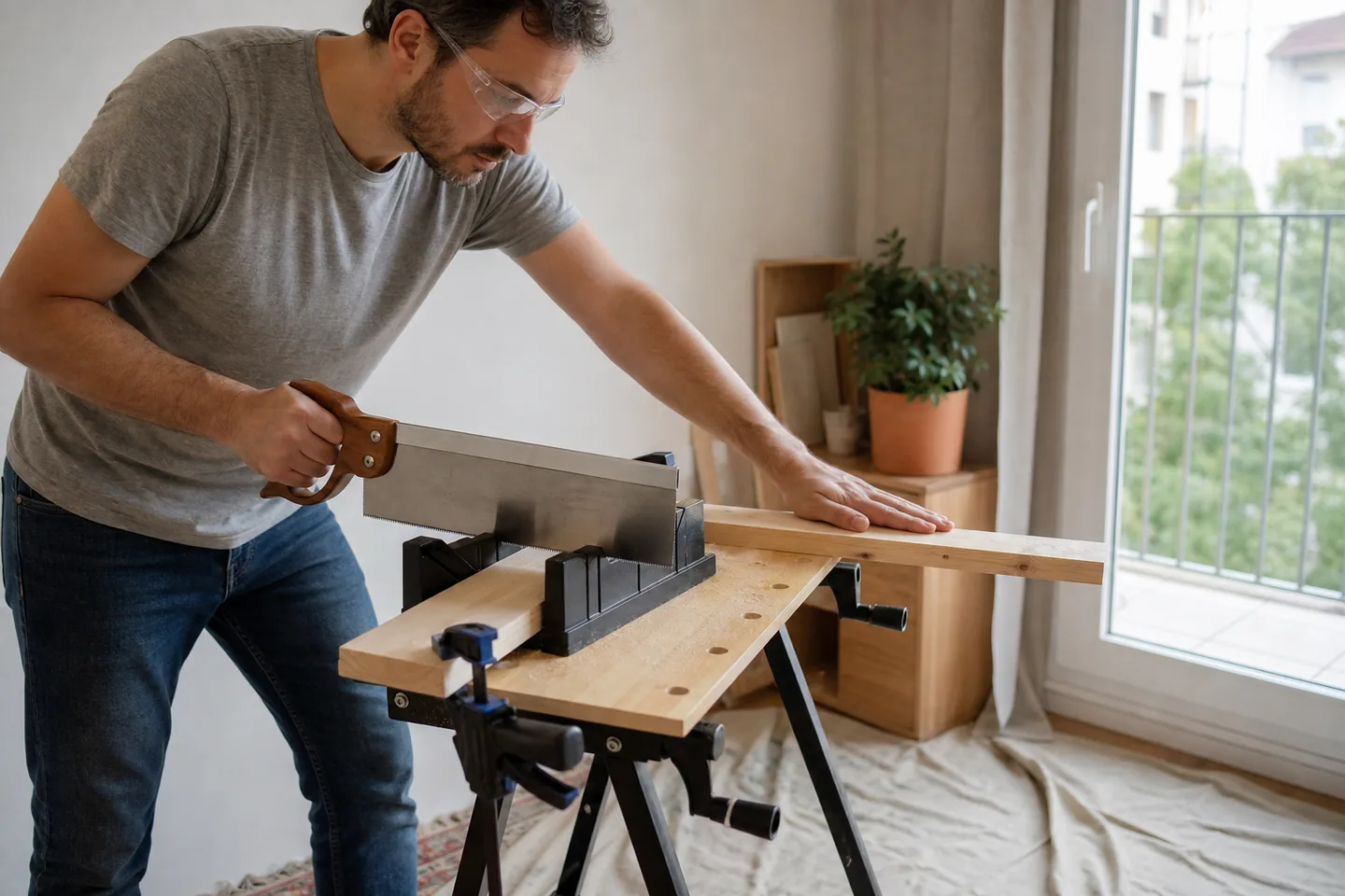 A realistic, unbranded project scene related to a hand saw for the small cut that does not need a power tool