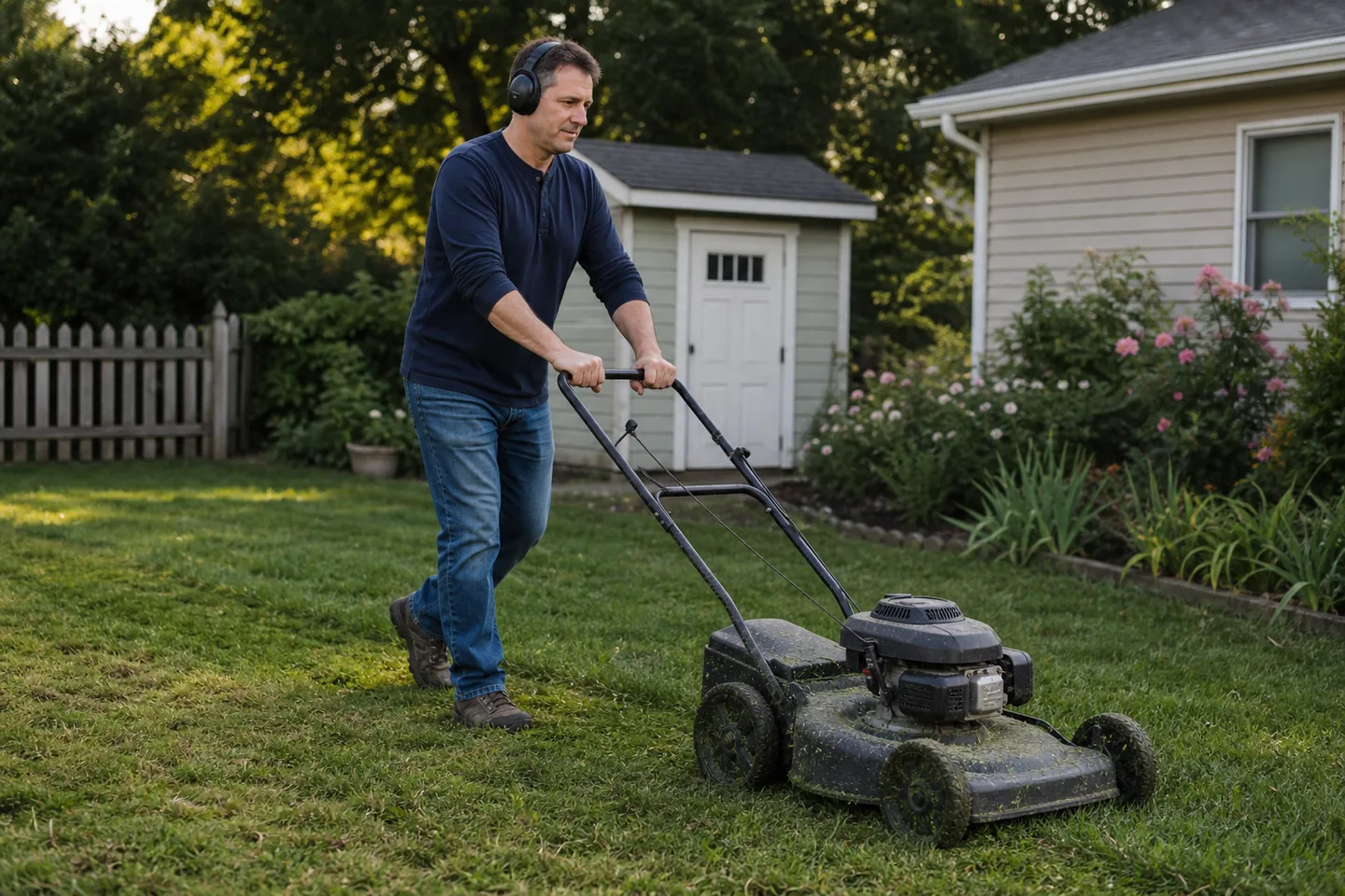 A realistic, unbranded project scene related to hearing protection for mowing, cutting, and garage work