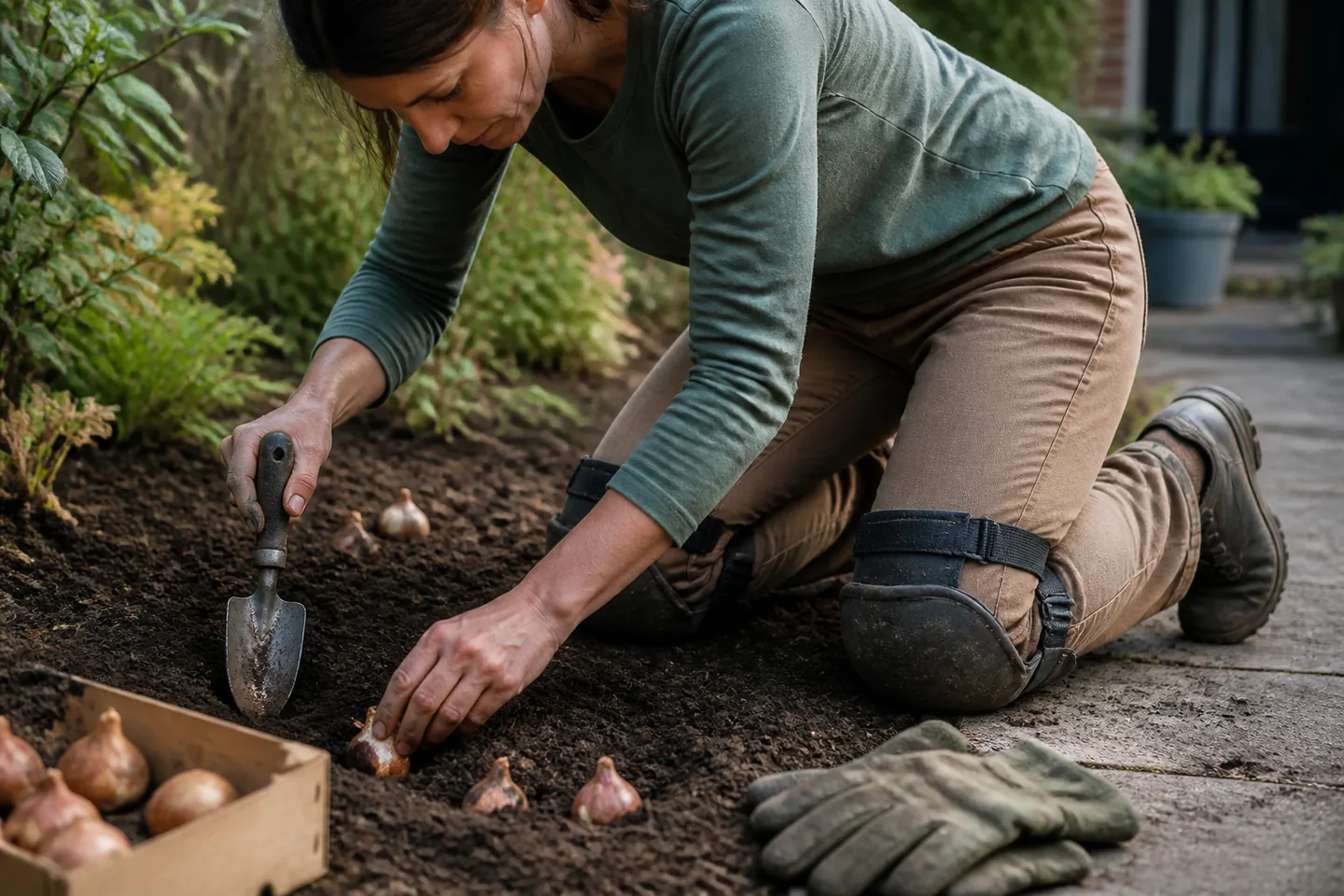 A realistic, unbranded project scene related to knee pads for gardening, flooring, and low repair work