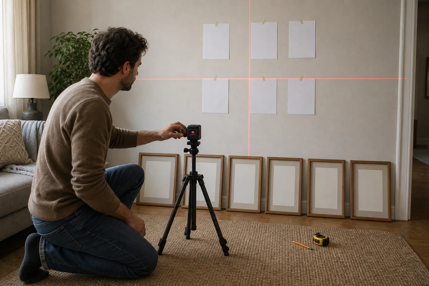 A realistic, unbranded project scene related to where a cross-line laser level saves time on a gallery wall