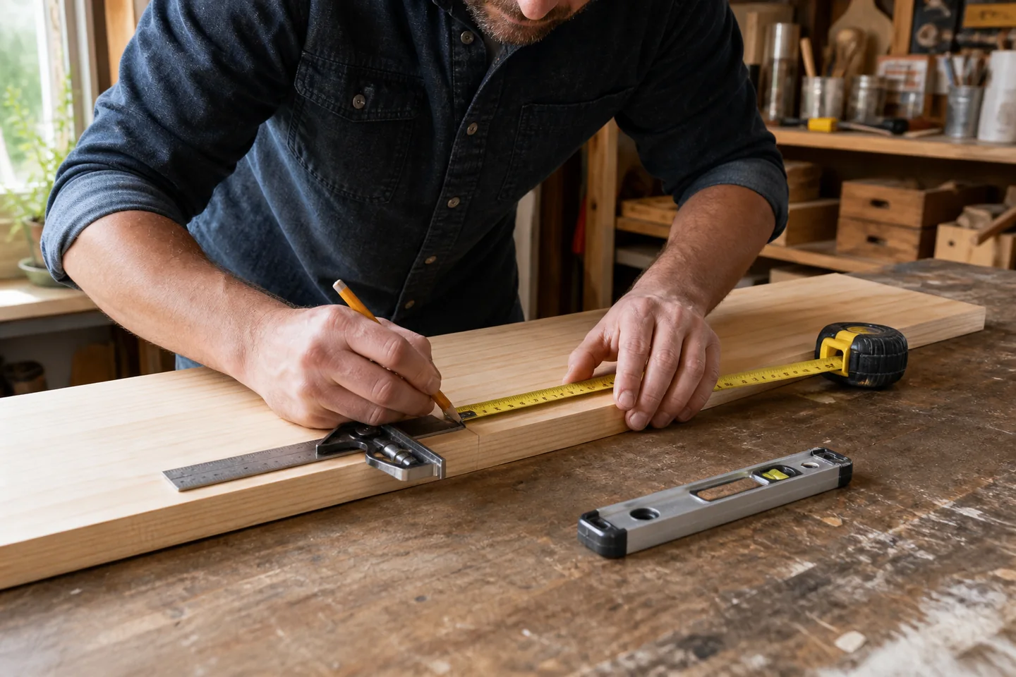 A realistic, unbranded project scene related to measuring tools worth owning before you cut material