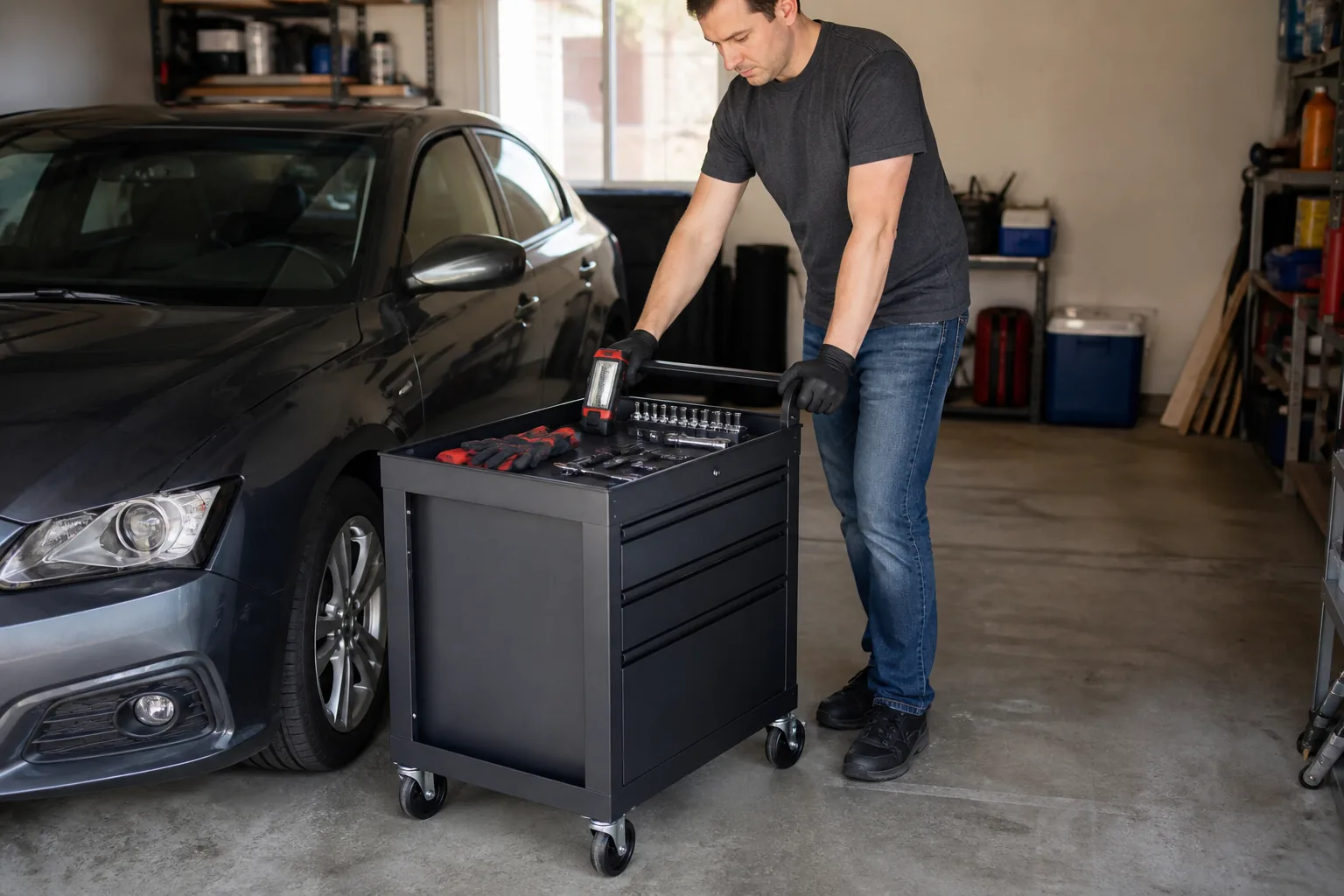 A realistic, unbranded project scene related to a mechanics tool cart for a garage that still parks a car