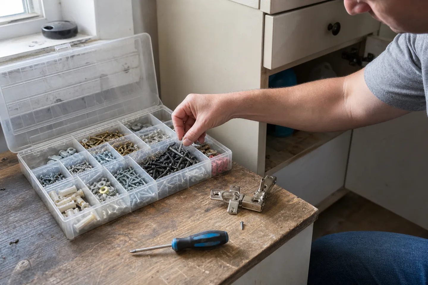 A realistic, unbranded project scene related to a small-parts organizer for the screws you will need again