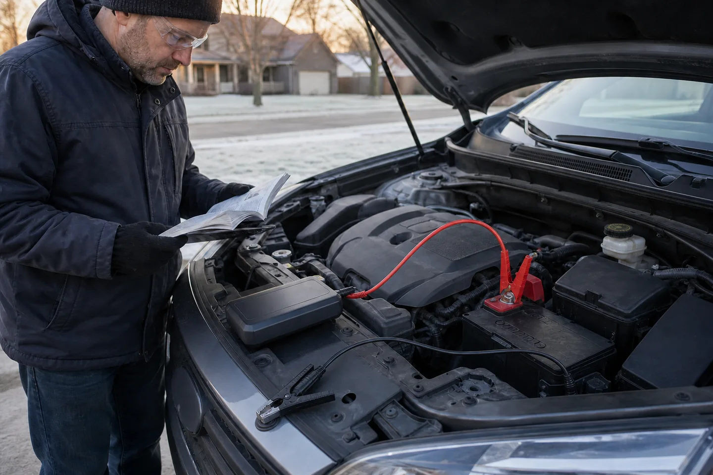A realistic, unbranded project scene related to a portable jump starter for the morning your car will not start
