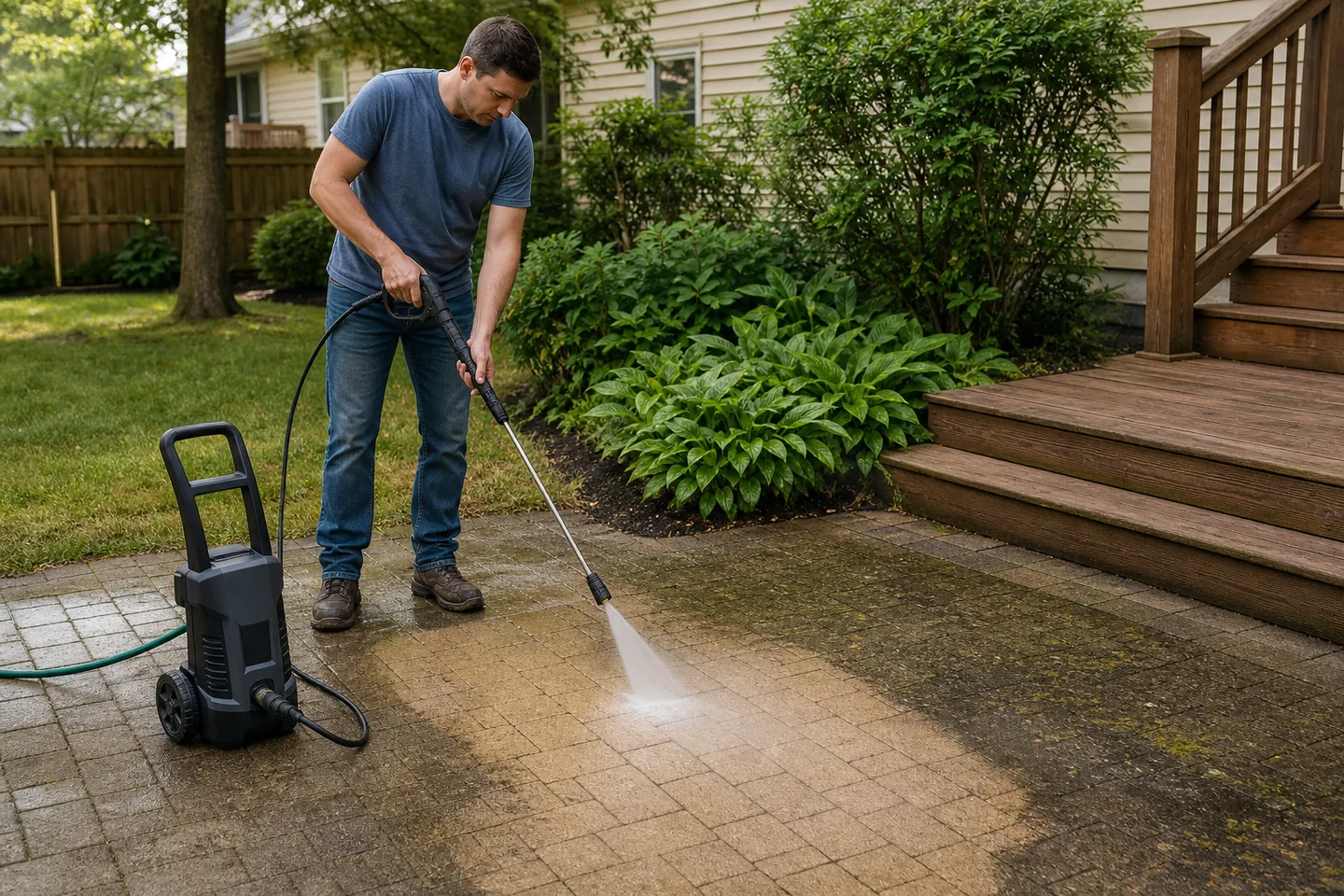 A realistic, unbranded project scene related to how to choose a pressure washer without damaging your deck