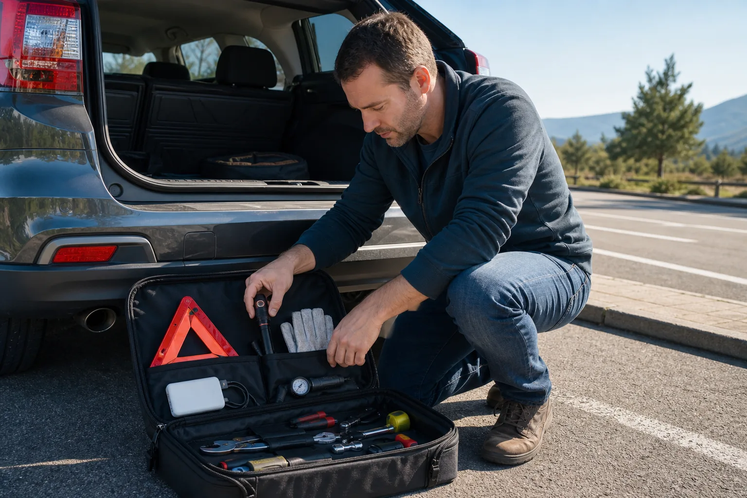 A realistic, unbranded project scene related to a roadside tool bag built around problems you can safely solve
