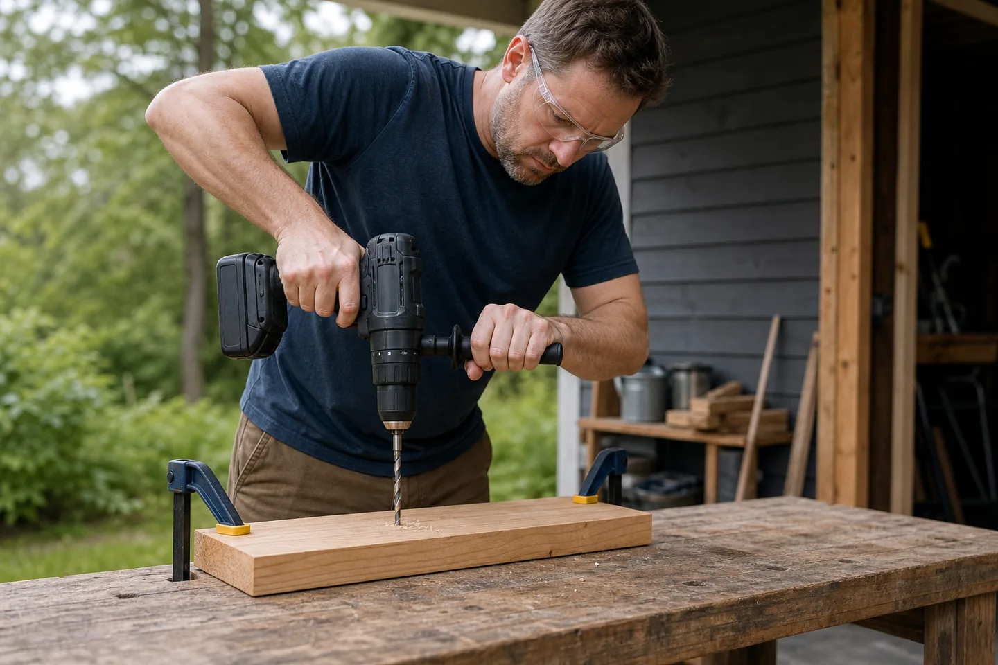 A realistic, unbranded project scene related to safety glasses that stay on through yard and workshop chores