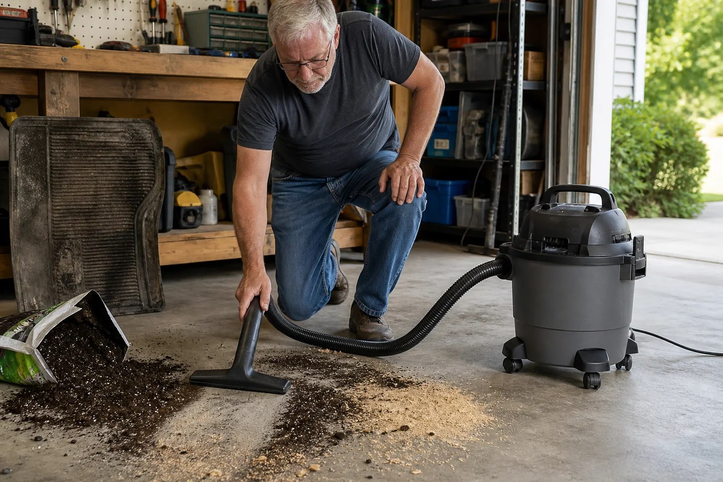 A realistic, unbranded project scene related to choosing a shop vacuum that earns its storage space