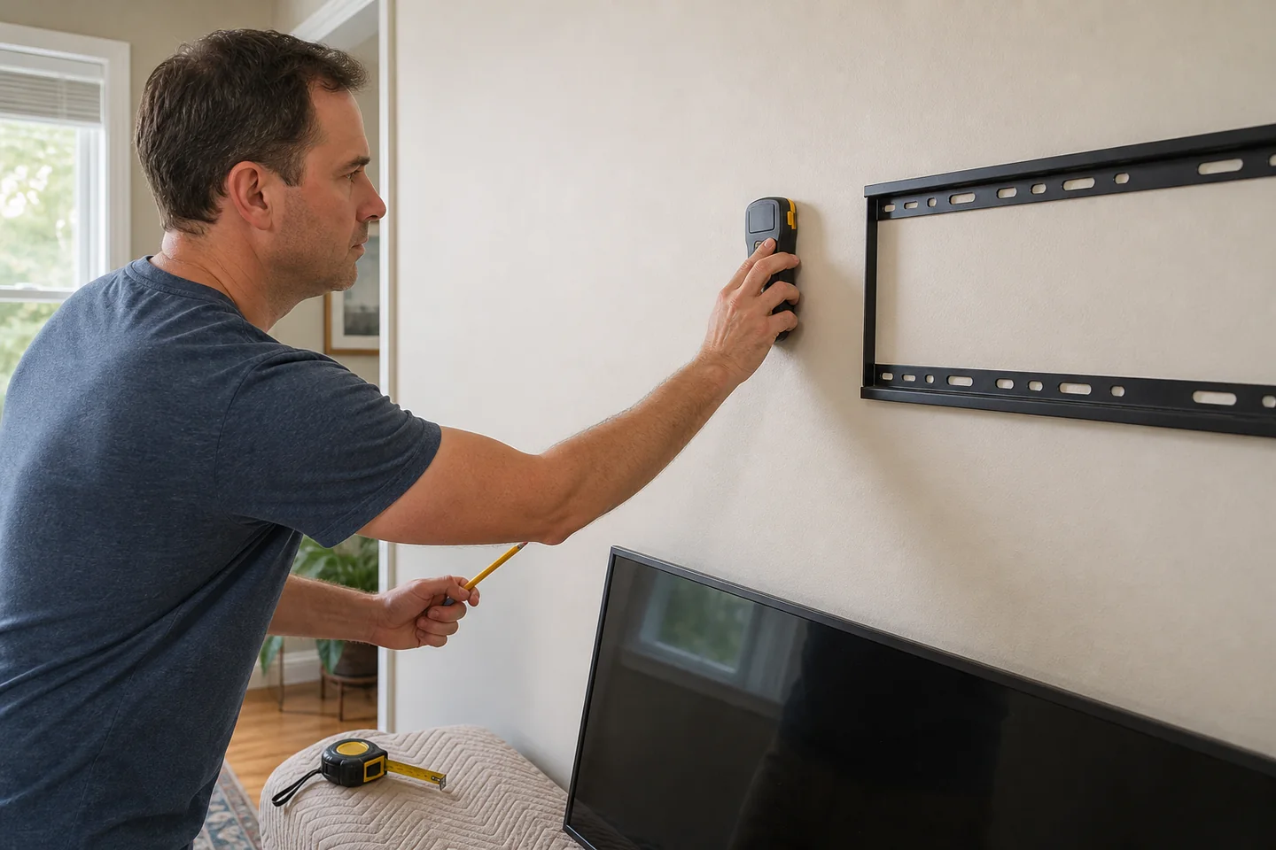 A realistic, unbranded project scene related to choosing a stud finder for a tv mount you will not second-guess
